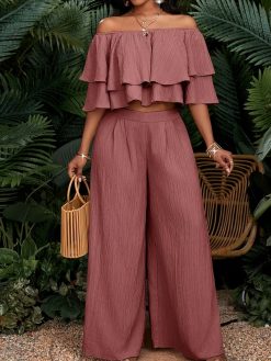 Women’s Ruffle Crop Top & Wide-Leg Pants 2-Piece Set